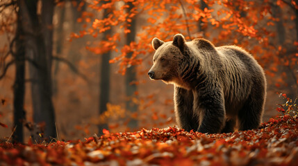Bear in autumn fall forest with orange tree leaves. Big brown predator with fur in woodland wildlife, outdoor natural habitat, dangerous