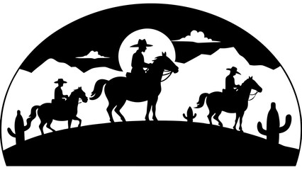 Silhouette Set of Cowboys and Horses in Wild West stock illustration