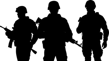 Silhouette of armed military personnel stock photo.