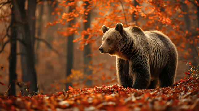 Bear in autumn fall forest with orange tree leaves. Big brown predator with fur in woodland wildlife, outdoor natural habitat, dangerous