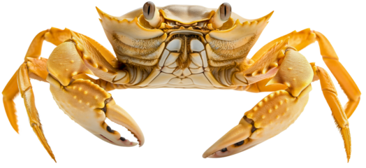 Closeup front view full body crab isolated on transparent background. Sea ocean beach wildlife animal, crustacean with legs and claws, tropical, aquatic, marine