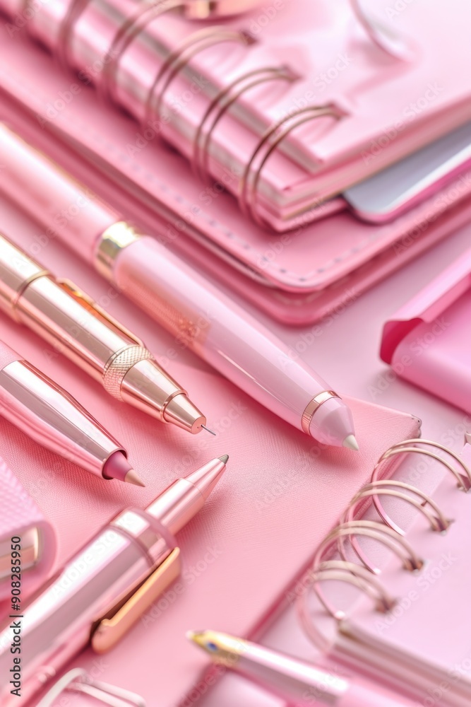 Poster a collection of pink pens and notebooks arranged neatly on a table