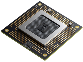 Closeup of computer microchip processor or CPU component part isolated on transparent background. Electronic circuit motherboard technology hardware device, PC, industry, core