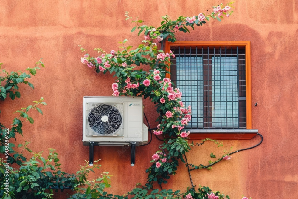 Poster exterior view of an air conditioner sitting on the side of a building