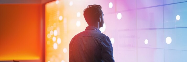 Training professional next to interactive whiteboard in conference room at seminar