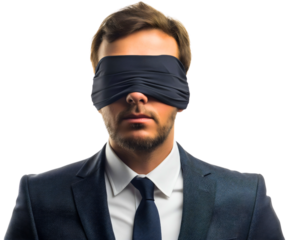Blindfolded businessman isolated on transparent background. Concept of challenge and risk of lost opportunity and failure problem, vision mistake out of fear, danger trap, wrong, miss goal, fall
