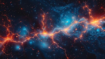 Fototapeta premium Beautiful cosmic electric storm with bright orange lightning and deep blue nebulae, creating a stunning space scene full of energy and mystery.