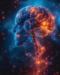 Obraz premium A glowing digital illustration of a human brain and neural network set against a starry background, symbolizing advanced technology.