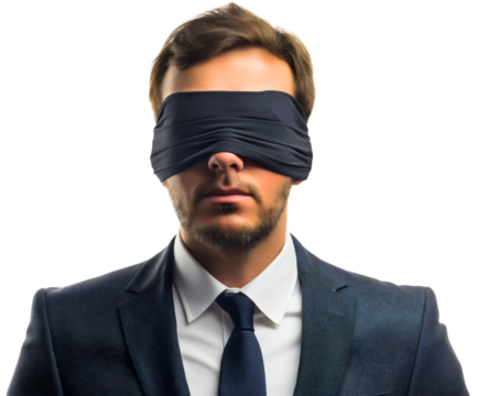 Blindfolded businessman isolated on transparent background. Concept of challenge and risk of lost opportunity and failure problem, vision mistake out of fear, danger trap, wrong, miss goal, fall - Powered by Adobe