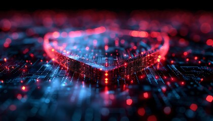 Digital shield graphic representing cyber security and data protection in a vibrant, technology-focused environment with glowing light effects.