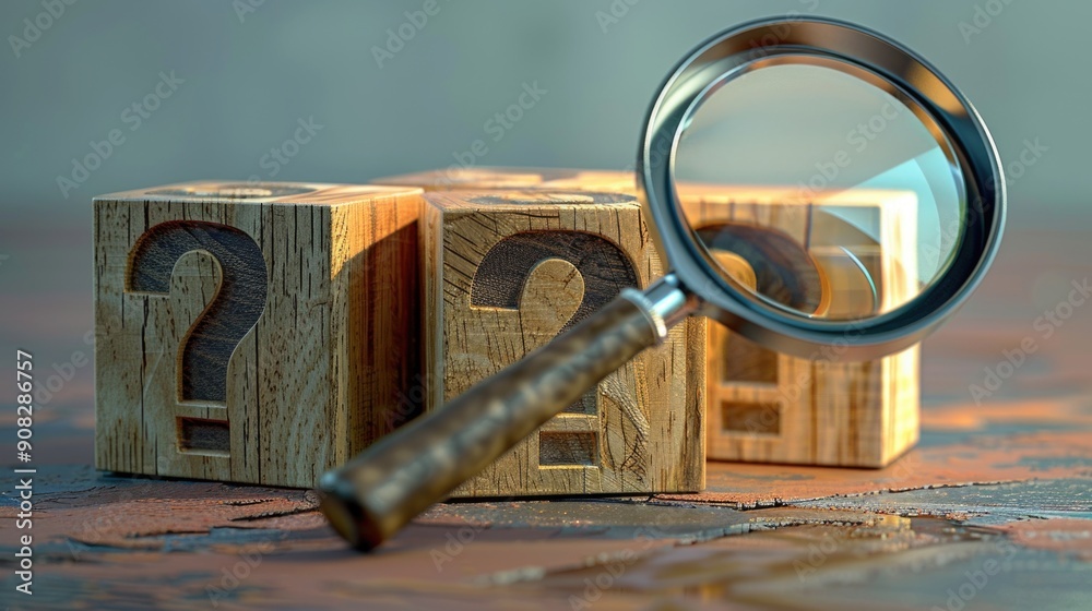 Aufkleber a close-up of a wooden block featuring a magnifying glass on top