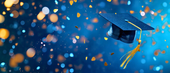 Blue background illustration with bokeh colorful shiny gold confetti and graduation cap, copy space. College university degree diploma achievement celebration, congratulations, award, academy banner