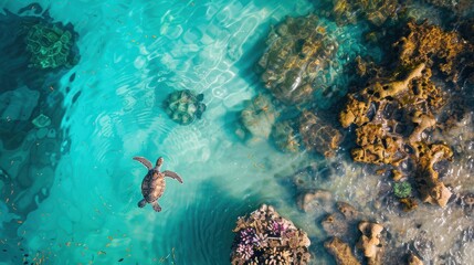 Graceful sea turtles swimming through crystal-clear turquoise waters above a vibrant coral reef, showcasing the wonders of the marine world