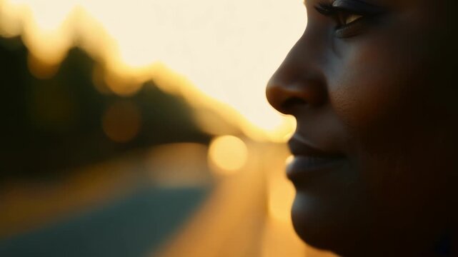 The silhouette of a person stands in front of a sweeping row of trees on a treelined street the setting sun casting a warm glow on their profile.