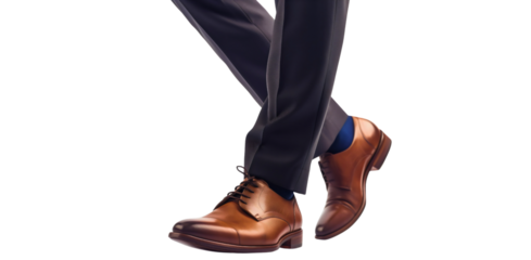 Businessman legs feet walking standing isolated on transparent background, wearing brown leather shoes, socks and black suit pants. Corporate employee or worker style, executive, formal, entrepreneur