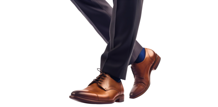 Businessman legs feet walking standing isolated on transparent background, wearing brown leather shoes, socks and black suit pants. Corporate employee or worker style, executive, formal, entrepreneur