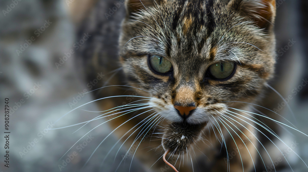 Wall mural Closeup of cat holding mouse in her mouth. Domestic hunter pet animal catch mice rat rodent, predator hunting, gray, victim, prey