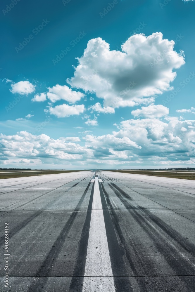 Poster airfield landscape with cloudy sky and empty runway