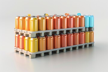 A stack of colorful cans on a pallet, ideal for use in industrial or commercial settings