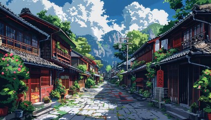 Fototapeta premium Picturesque traditional Japanese village street with wooden houses, lush greenery, and mountains in the background under a bright sky.