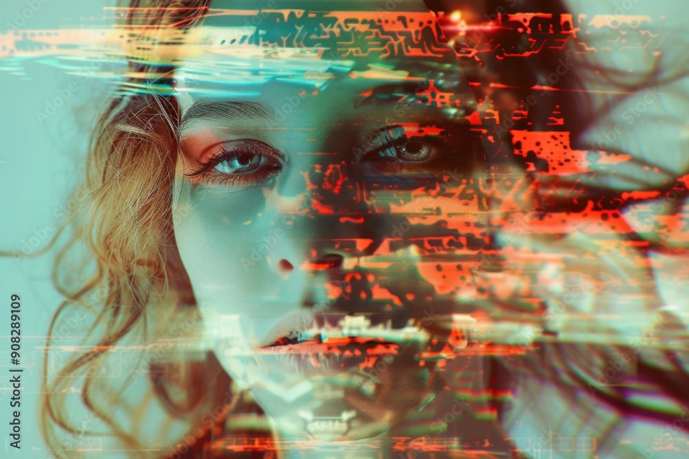 Poster close-up of a woman's face with digital background, suitable for tech and innovation concepts
