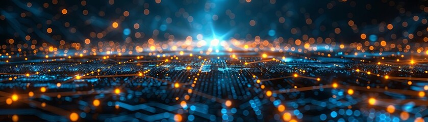 Fototapeta premium A futuristic digital landscape with glowing lights and abstract patterns, representing advanced technology and connectivity.