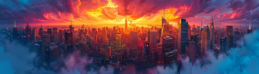 Stunning panoramic view of a vibrant city skyline at sunset, with dramatic orange and purple clouds illuminating the urban landscape.