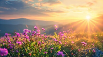 Naklejka premium Beautiful flower field rural landscape at sunrise