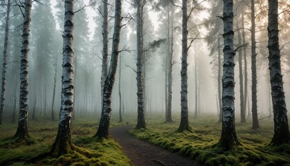 Obraz premium Misty Birch Forest Path.