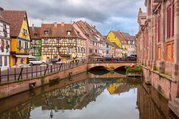 Alsatian half-timbered houses in little Venice, old town of Colmar at Christmas time, Alsace, France