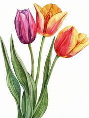 Watercolor Tulip Isolated on White Background. Beautiful Tulip Flower