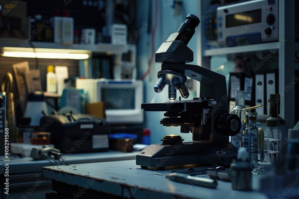 Poster a microscope sitting on a table in a room, ideal for use in scientific or educational settings