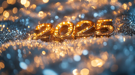 2025 in golden color on a Christmas background.