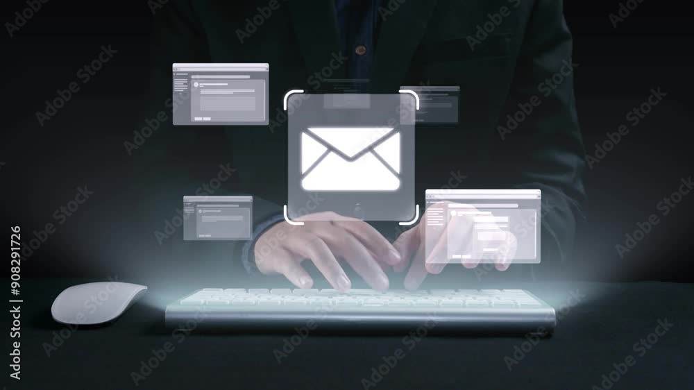 Poster business person checking email inbox, organizing and prioritizing messages for better productivity. 