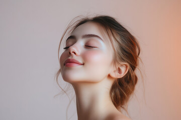 A close up of a girl's face with her eyes closed