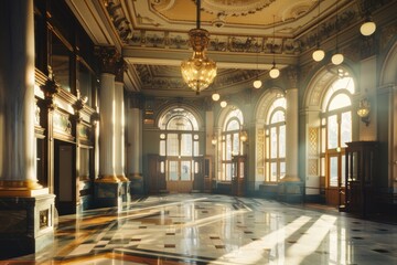 Obraz premium A grand room with a high ceiling, chandelier and marble flooring
