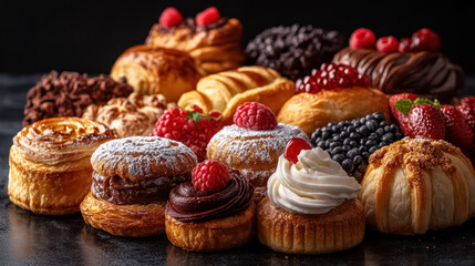 assorted freshly baked pastries on dark reflective surface for gourmet presentations