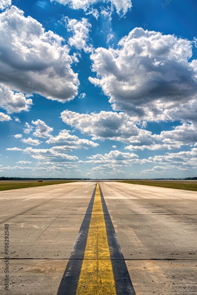 Poster an empty runway with a yellow guidance line, perfect for aviation or travel-related projects