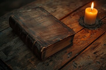 Obraz premium Old, worn leather-bound book on wood. Perfect for historical, mysterious, or fantasy themes.