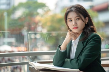 Obraz premium Young Asian Businesswomen Contemplating Problem-Solving Strategies at Work, Focused Professionals Discussing Solutions in Office Setting