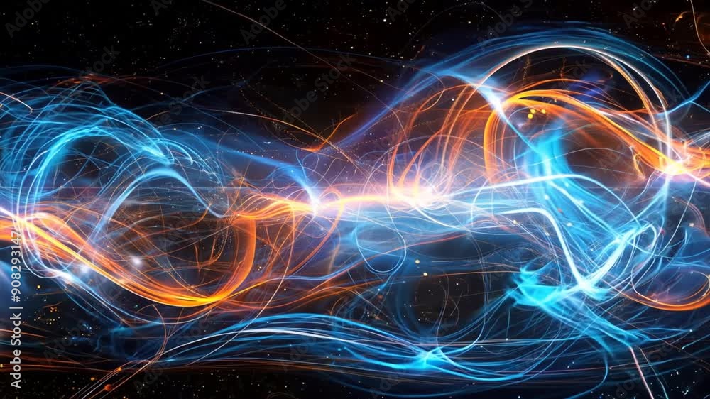 Poster dynamic background with swirling data lines and communication symbols