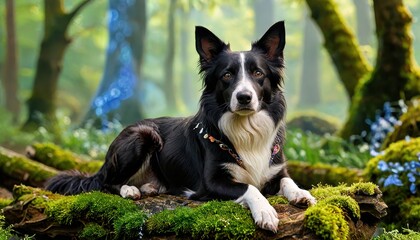 Border Collie Dog Sitting on a Mossy Log in a Forest.