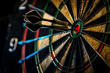 Darts hitting the center of the dartboard, symbolizing precise targeting for profit and business growth. This image represents strategic planning and successful goal achievement in a business context.