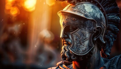 Obraz premium Heroic statue of a legendary warrior, symbolizing strength and honor, Historical, Cool tones, Digital painting