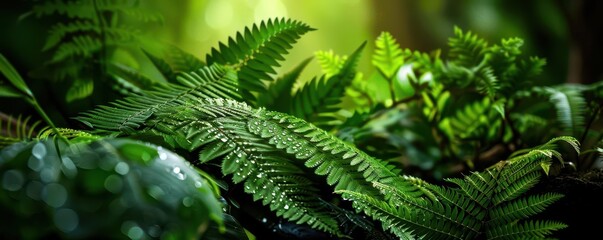Fototapeta premium Lush jungle with dense foliage and diverse plant life, creating a vibrant natural scene, Realism, Bright greens, Photography