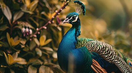 Obraz premium Peacock with iridescent blue and green feathers is standing in front of blurred foliage