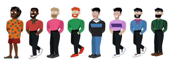 The set of funny characters. Smiling men of different races and nationalities.  Flirty mood. Asian, european black skinned, indian, latino, turkish, arab gyus. Positive dudes. Vector illustration.