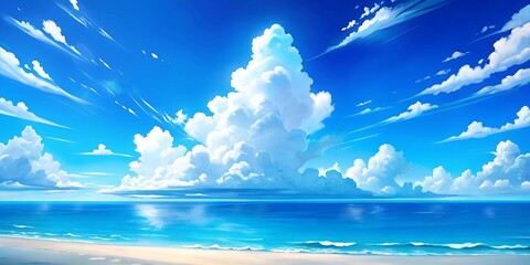 Beautiful white sand beach, blue sea and sky with cumulonimbus clouds landscape background wallpaper illustration 
