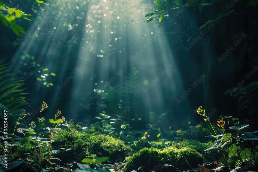 Poster A serene scene of sunlight filtering through the treetops in a dense forest