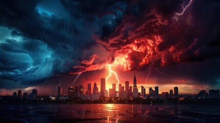 Weather disaster with storm clouds and heavy rain over a city, creating a dramatic scene, Realism, Dark hues, Digital painting